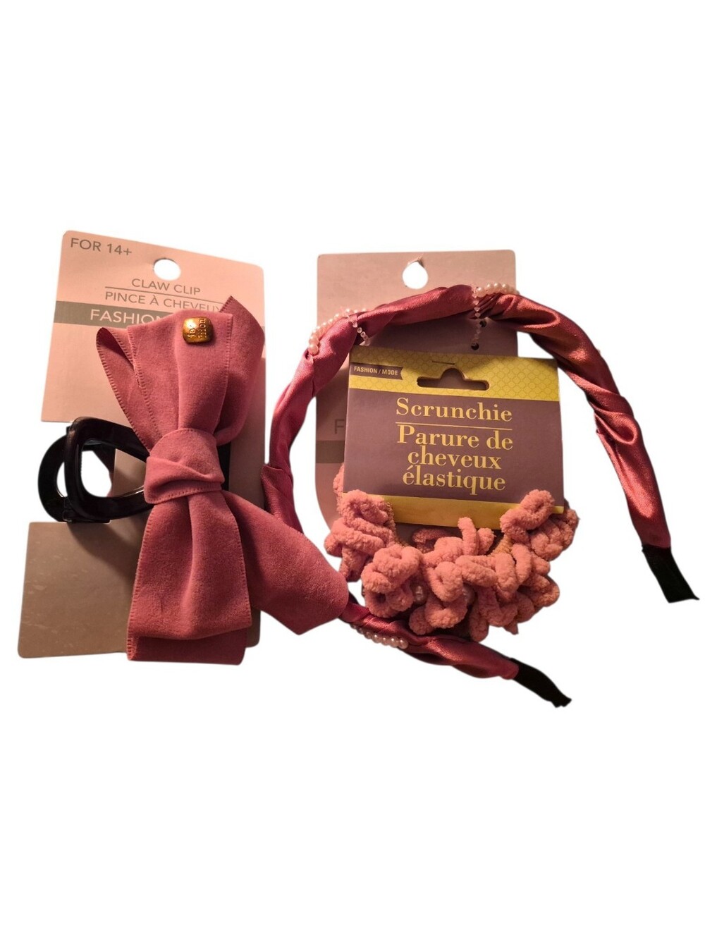 Women’s Pink Hair Accessory Set - Bow Claw Clip, Headband & Scrunchie